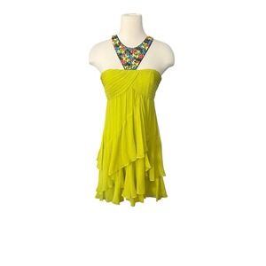 BCBGMaxAzria Y2K Assymetrical Beaded Sleeveless Green Dress Sz. 2 Boho Coquette
